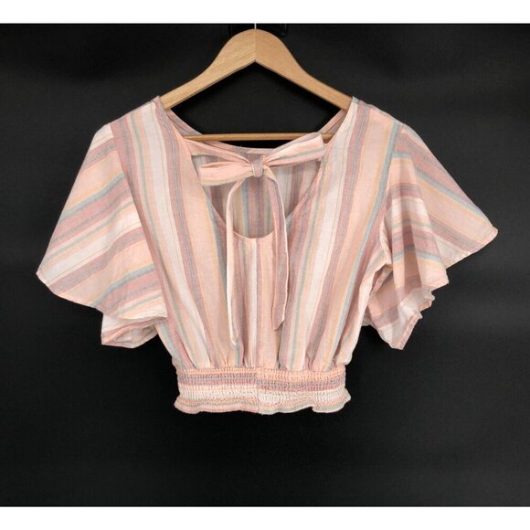 Japna Women Striped Fluter Sleeve Crop Top M Pink Pastel Feminine Coastal Summer - Picture 2 of 6
